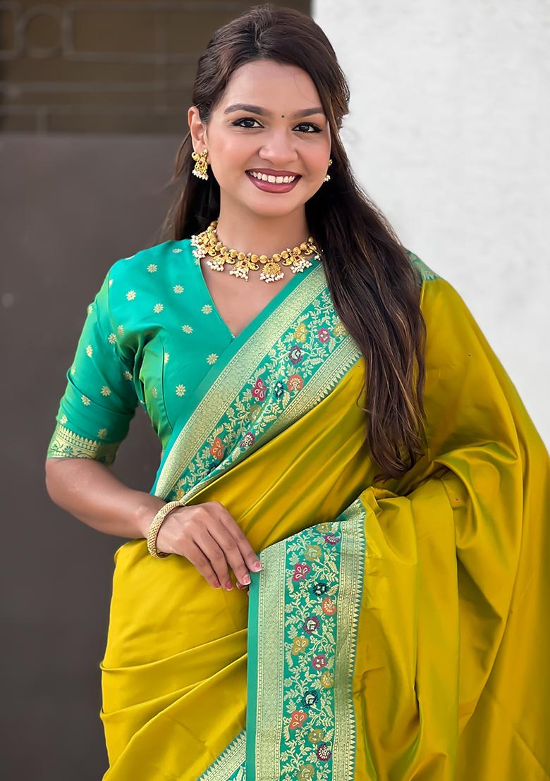 Green Woven Silk Saree Set