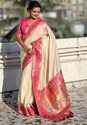 Cream Woven Silk Saree Set