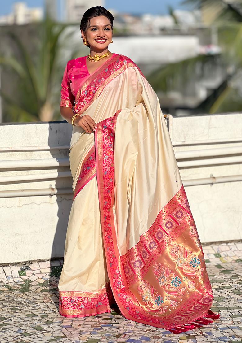 Cream Woven Silk Saree Set