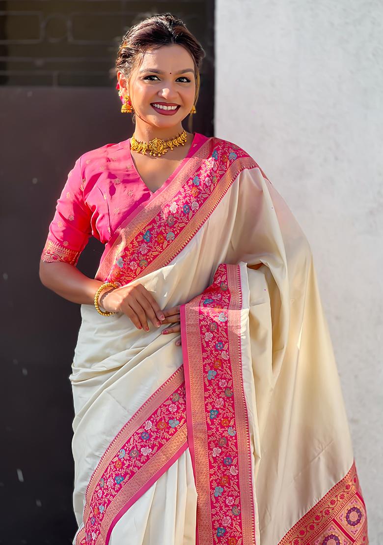 Cream Woven Silk Saree Set