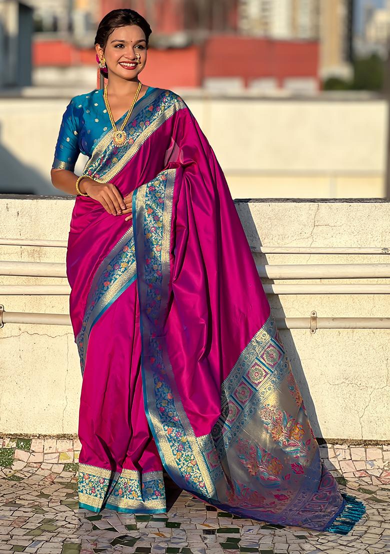 Magenta Woven Silk Saree Set