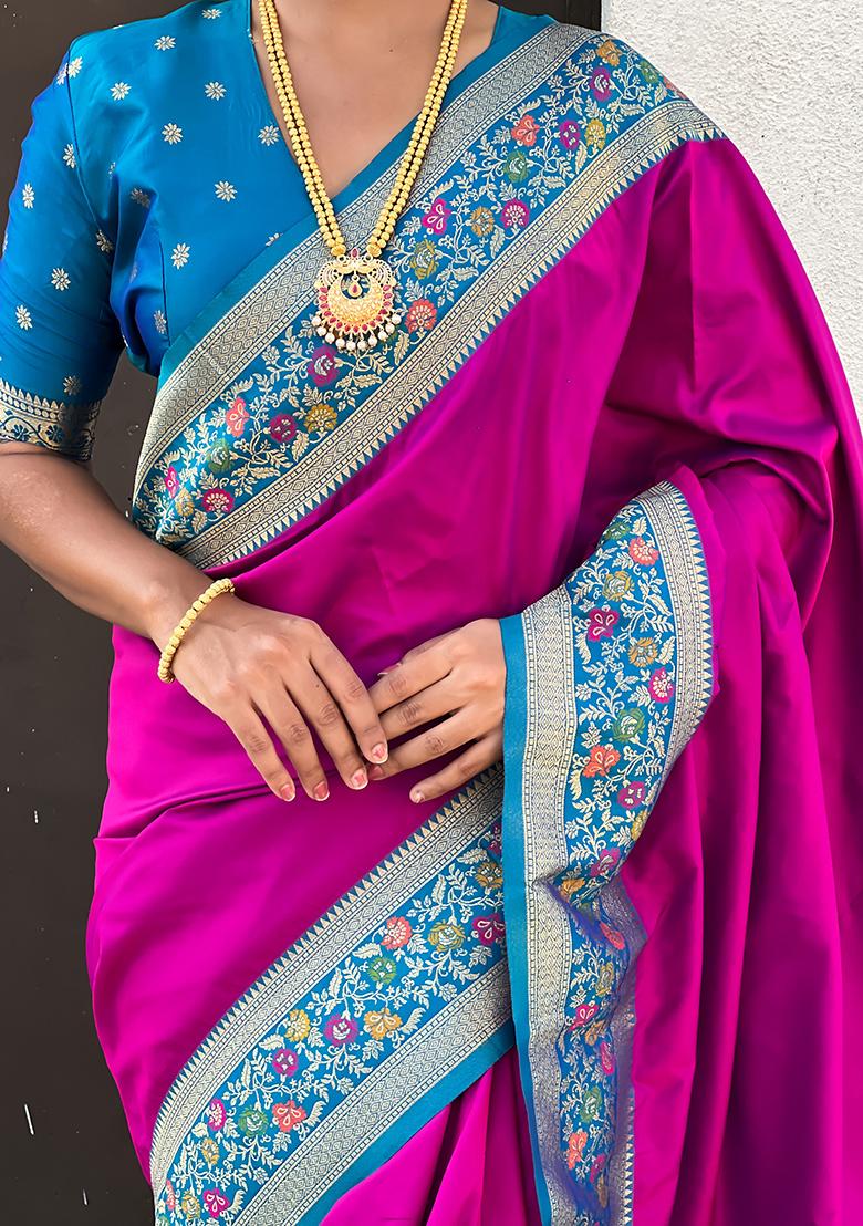 Magenta Woven Silk Saree Set
