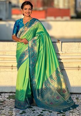 Olive Woven Silk Saree Set