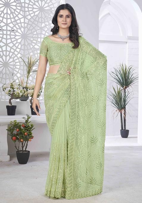 Pista Embroidered Tissue
 Saree Set