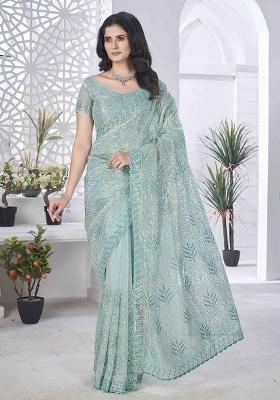 Sea Green Embroidered Tissue
 Saree Set