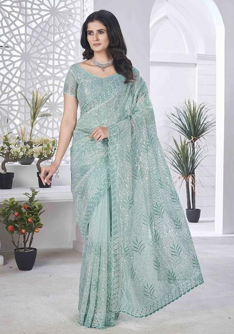 Sea Green Embroidered Tissue
 Saree Set