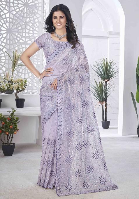 Lavender Embroidered Tissue
 Saree Set