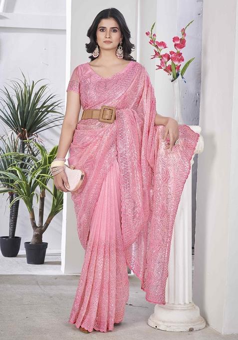 Pink Embroidered Tissue
 Saree Set