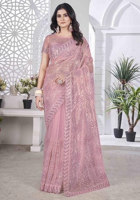 Onion Embroidered Tissue
 Saree Set