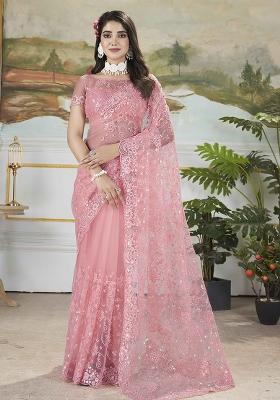Pink Embroidered Net
 Saree Set
