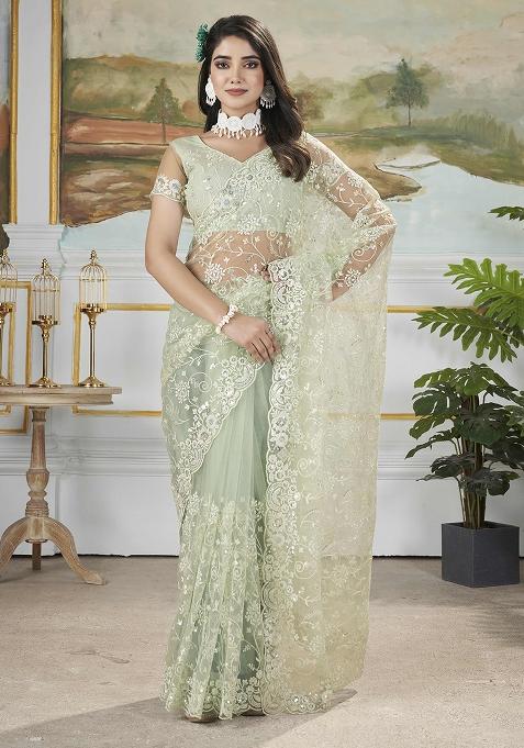 Pista Embroidered Net
 Saree Set