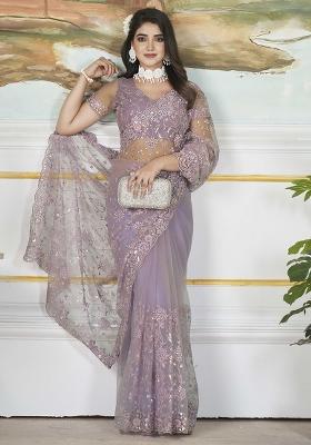 Purple Embroidered Net
 Saree Set