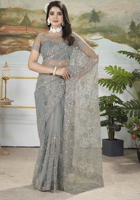 Grey Embroidered Net
 Saree Set