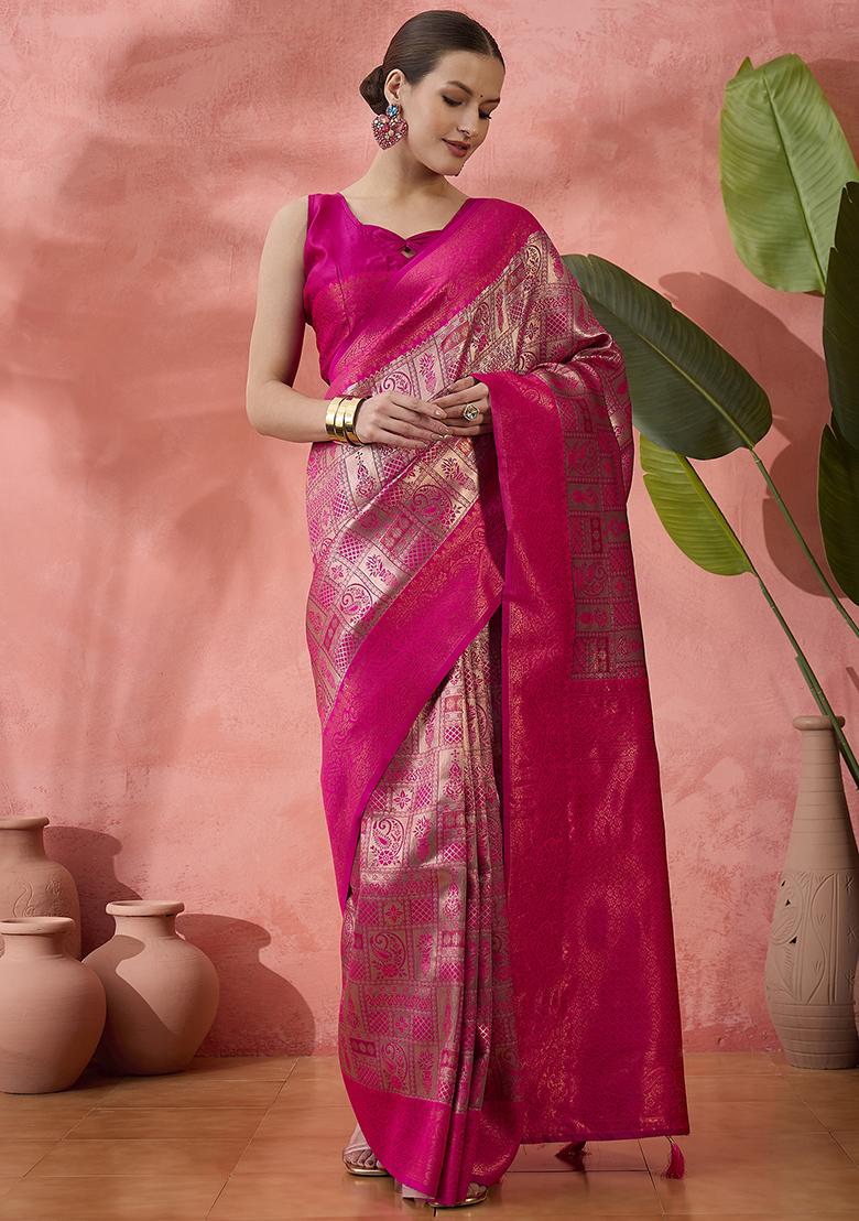 Pink Zari work Silk Saree Set