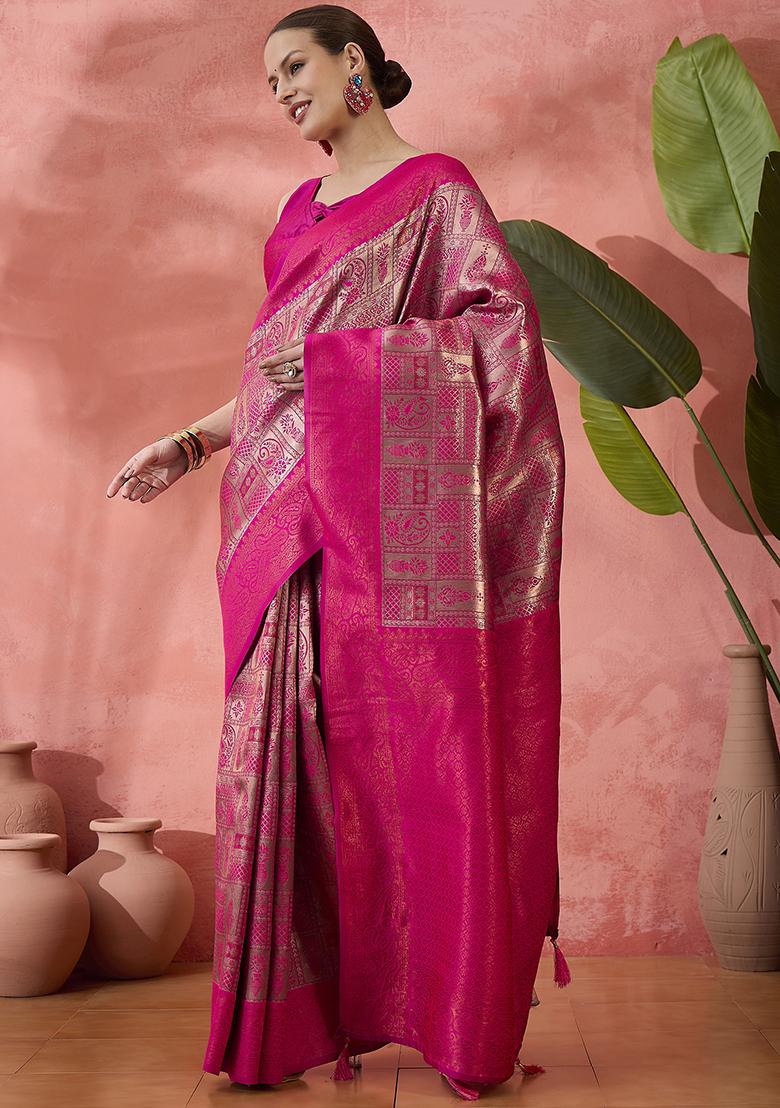 Pink Zari work  Silk Saree Set