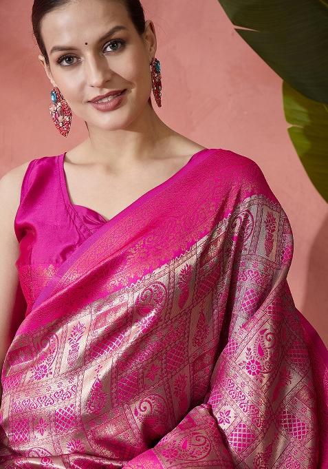 Pink Zari work Silk Saree Set