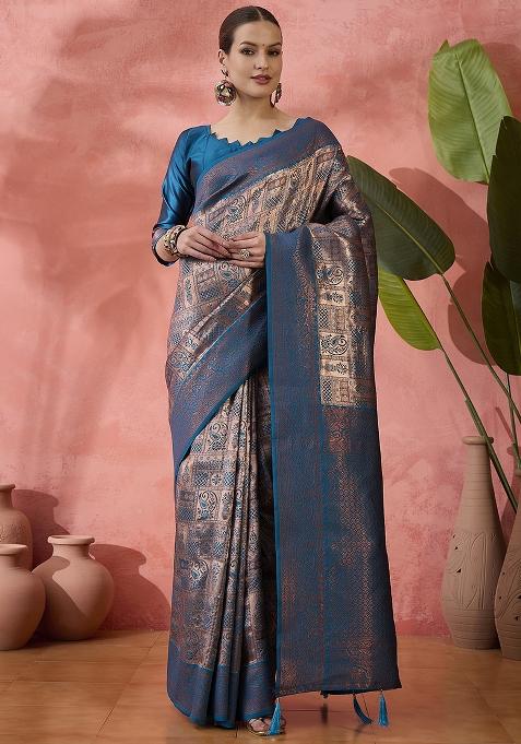 Teal Zari work Silk Saree Set
