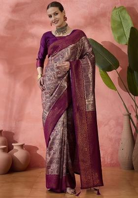 Purple Zari work  Silk Saree Set
