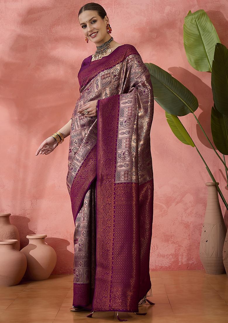 Purple Zari work  Silk Saree Set