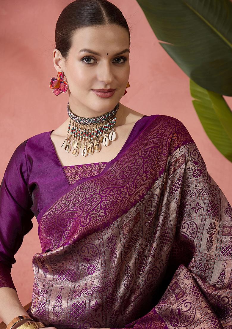 Purple Zari work  Silk Saree Set