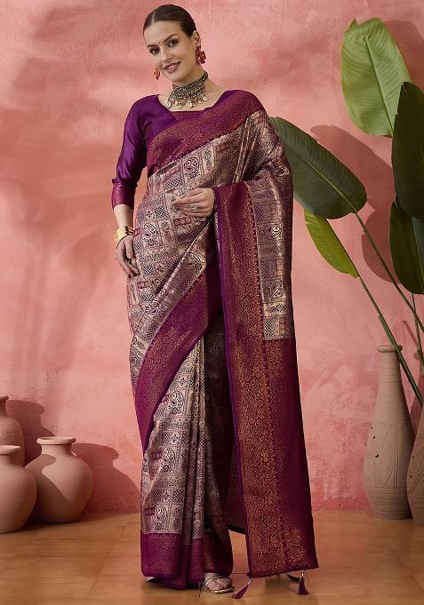 Purple Zari work  Silk Saree Set