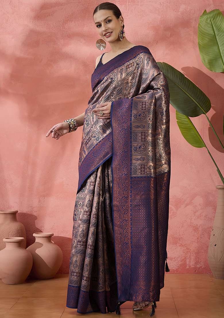 Blue Zari work  Silk Saree Set - Indya