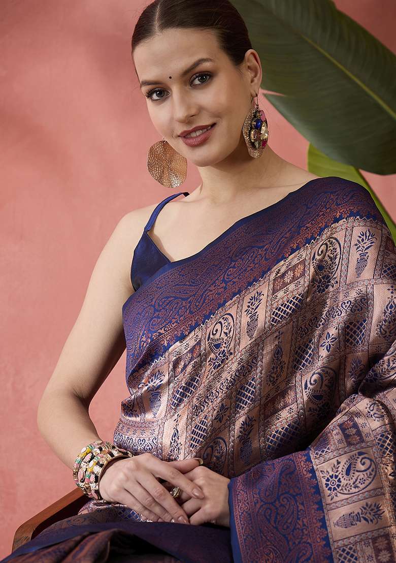 Blue Zari work  Silk Saree Set - Indya