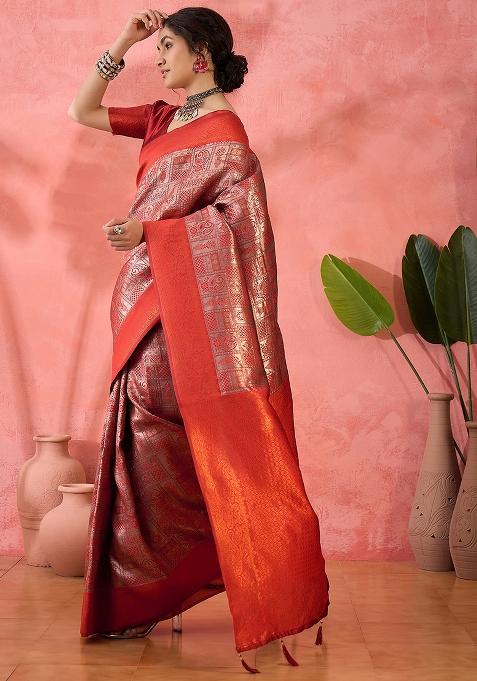 Brown Zari work Silk Saree Set