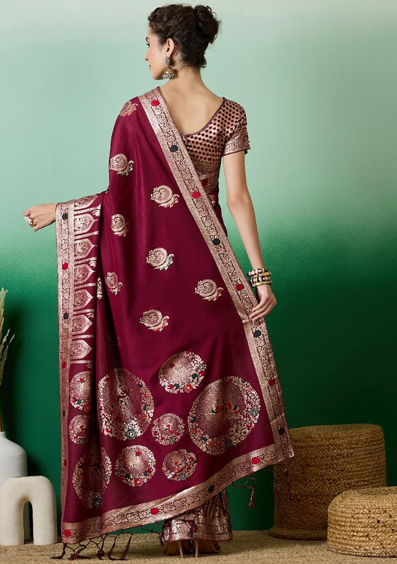 Maroon Woven Cotton Saree Set