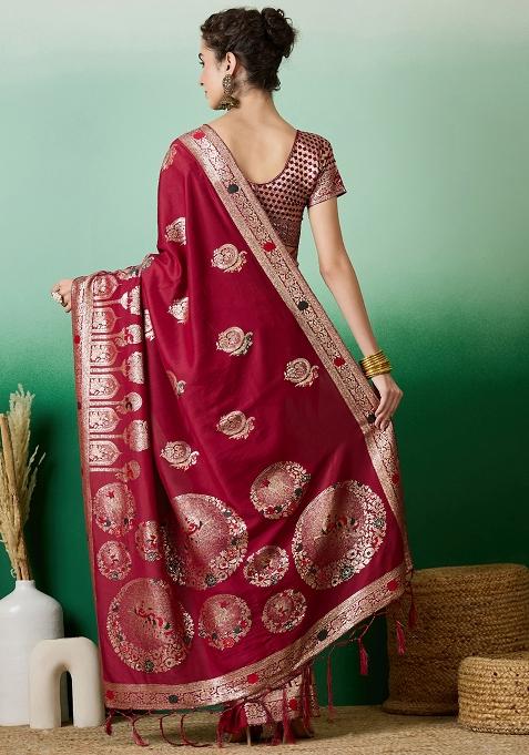 Red Woven Cotton Saree Set