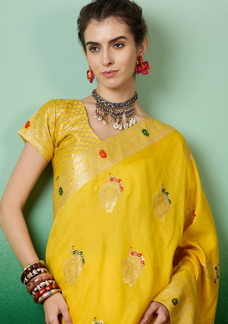 Yellow Woven Cotton Saree Set