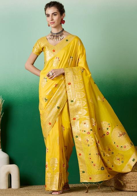 Yellow Woven Cotton Saree Set