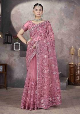 Pink Embroidered Net
 Saree Set