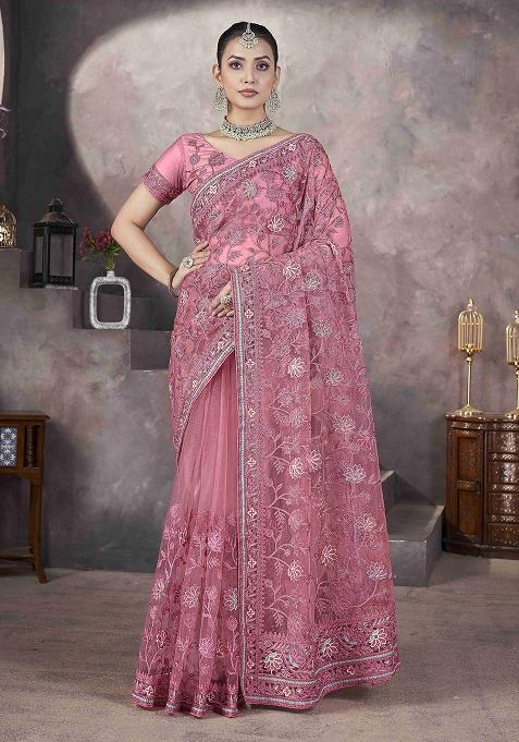 Pink Embroidered Net
 Saree Set