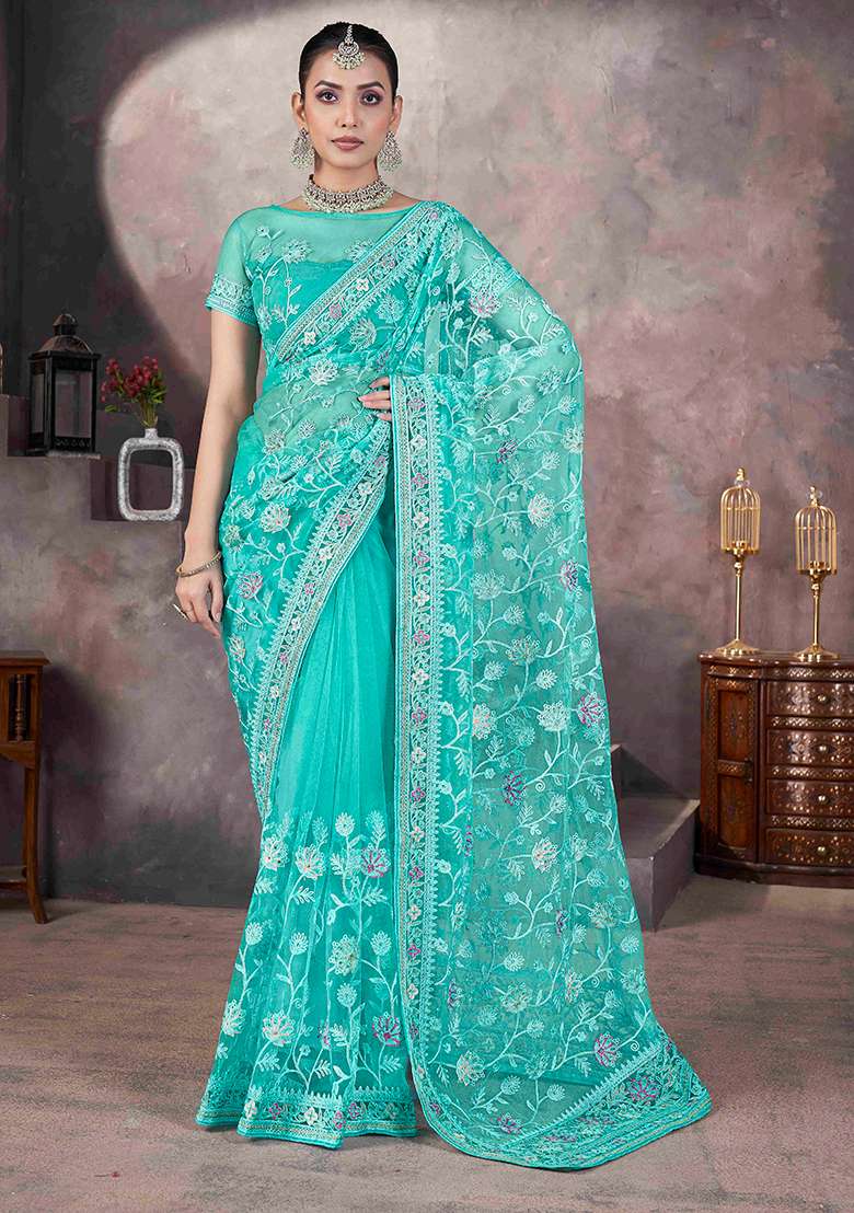 Sea Green Embroidered Net
 Saree Set - Indya