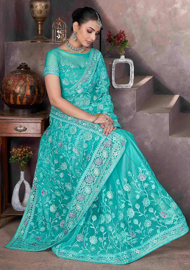 Sea Green Embroidered Net
 Saree Set - Indya