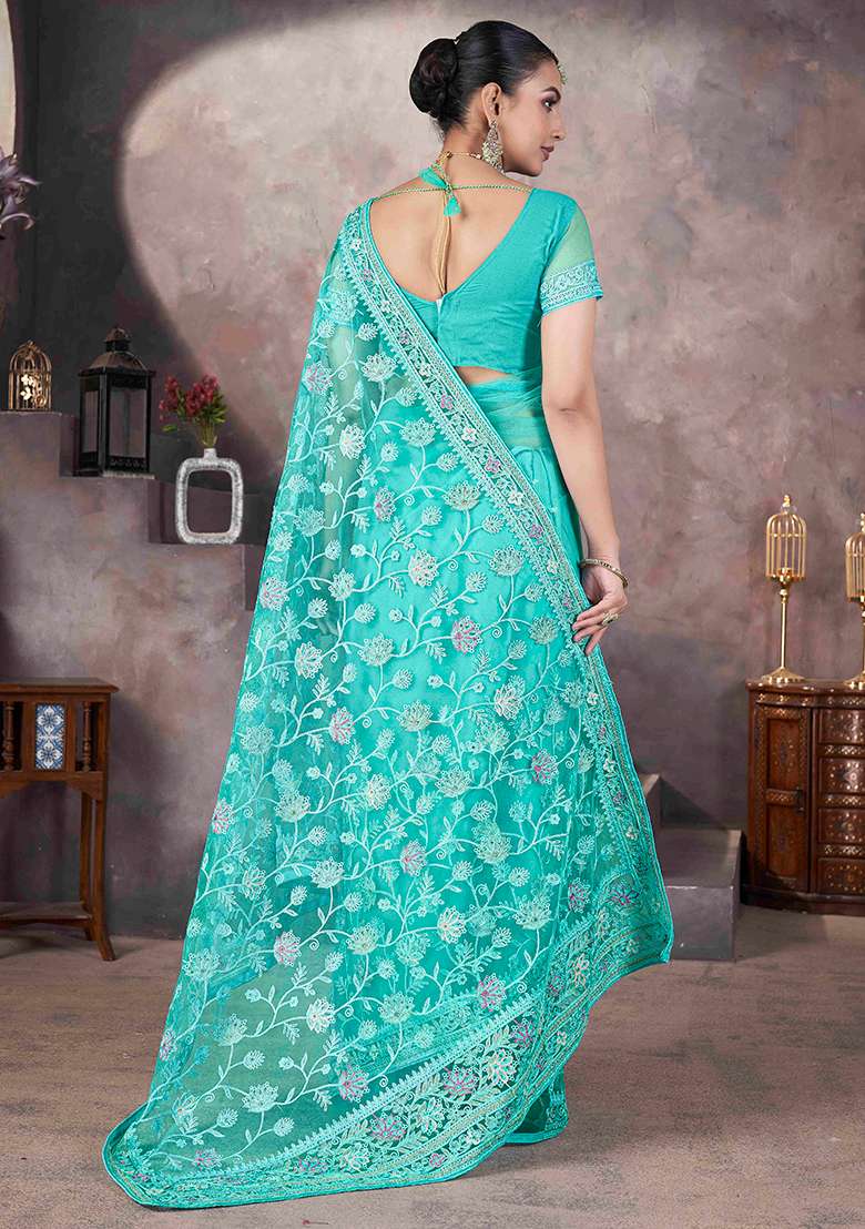 Sea Green Embroidered Net
 Saree Set - Indya