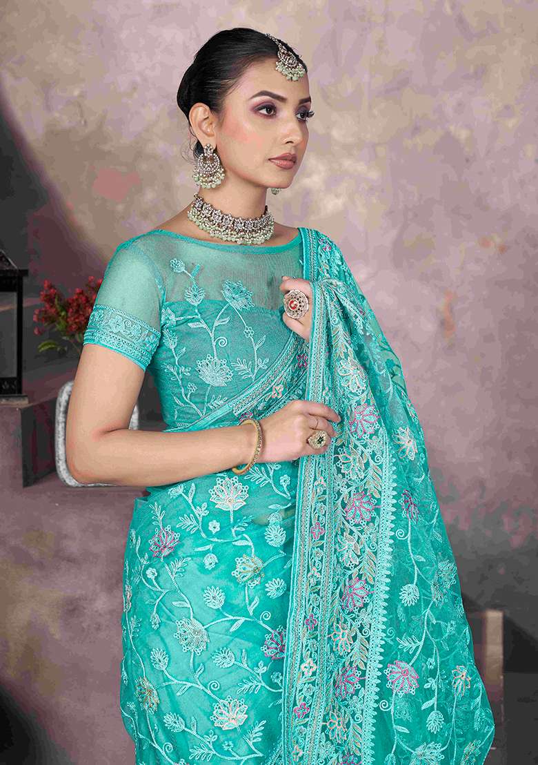 Sea Green Embroidered Net
 Saree Set - Indya