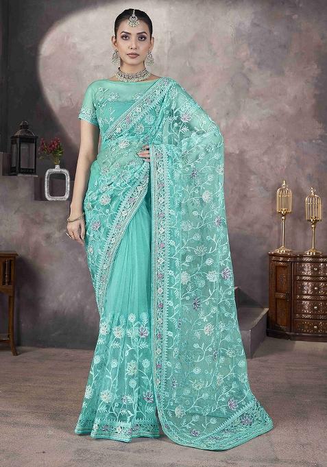 Sea Green Embroidered Net
 Saree Set
