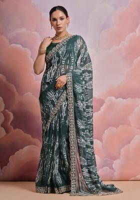 Dark Green Sequin Embroidered Georgette Saree set