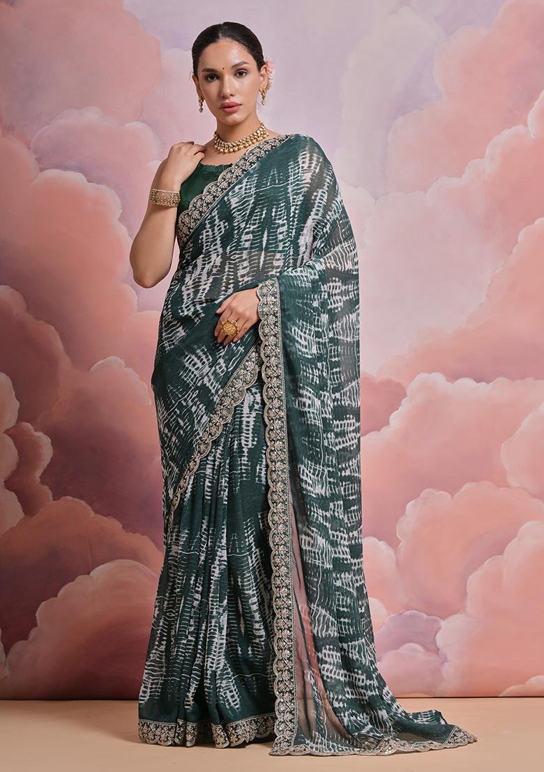 Dark Green Sequin Embroidered Georgette Saree set