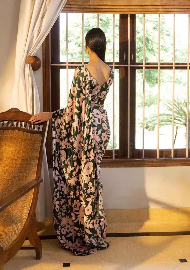Green Floral Print Satin Saree set