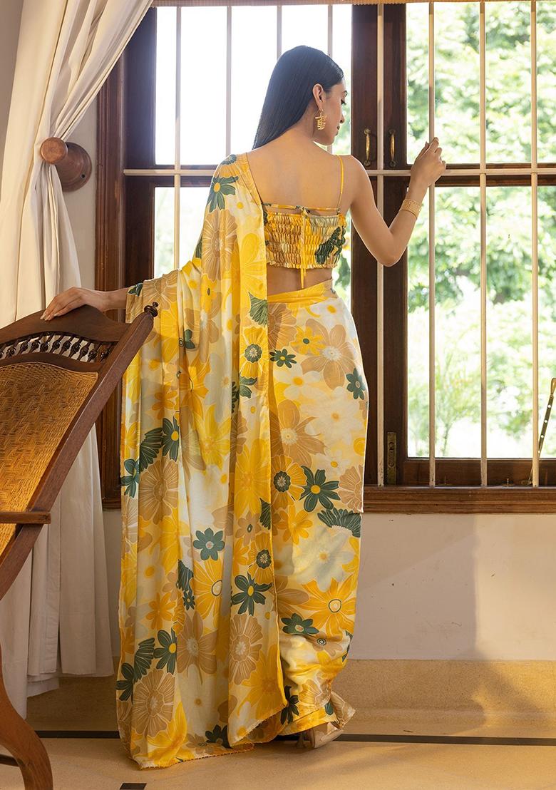 Yellow Floral Print Satin Saree set