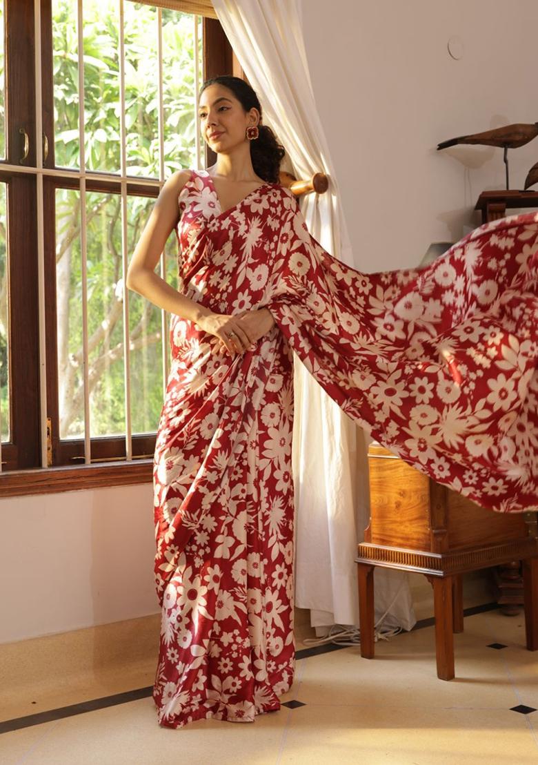 Red Floral Print Satin Saree set