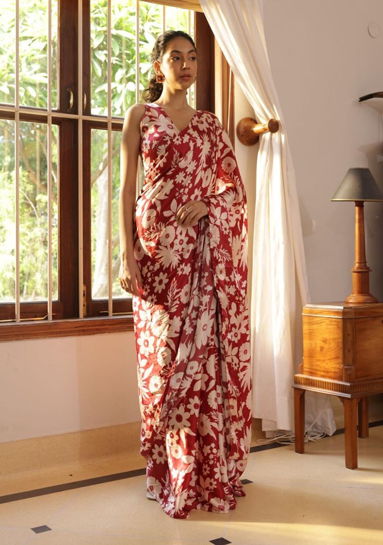 Red Floral Print Satin Saree set