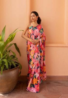 Pink Floral Print Satin Saree set