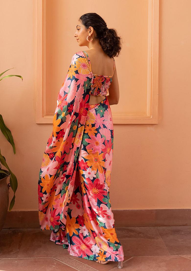 Pink Floral Print Satin Saree set