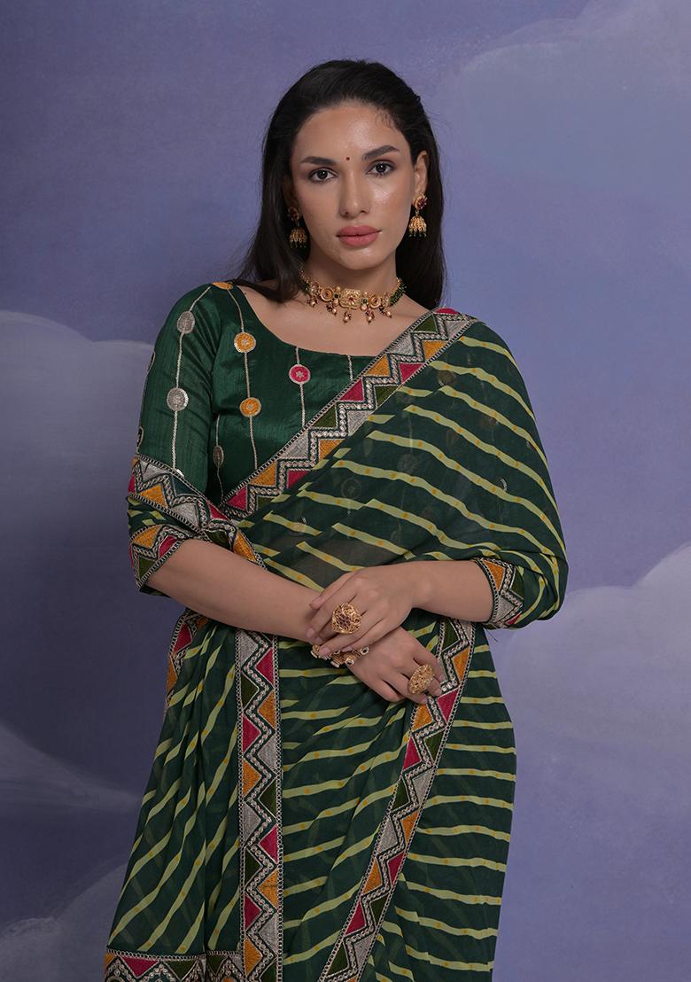Green Leheriya Print Georgette Saree set