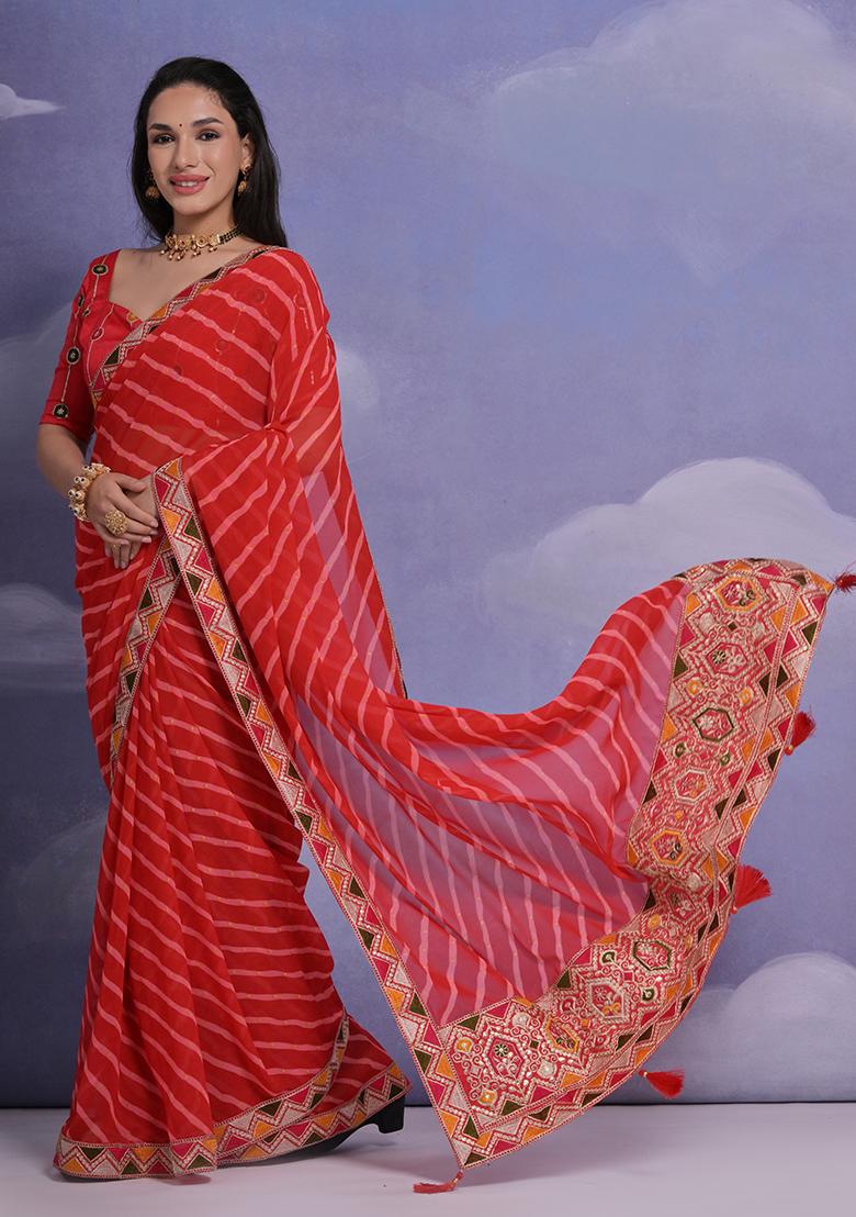 Red Leheriya Print Georgette Saree set