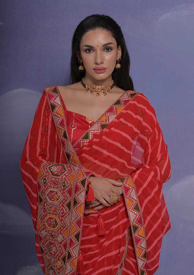 Red Leheriya Print Georgette Saree set